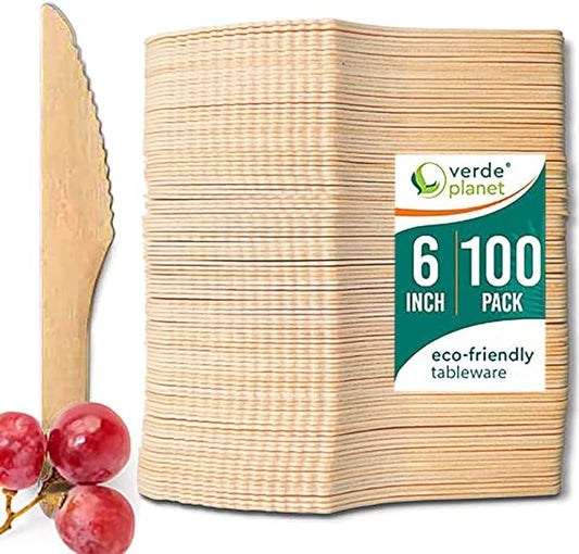 Verde Planet Heavy Duty, Disposable Wooden Knives- All-Natural, Biodegradable, Compostable, Ecofriendly, Premium Quality Knives - 6 Inches, 100 Count
