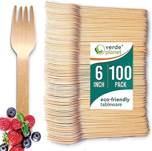Verde Planet Heavy Duty, Disposable Wooden Forks - All-Natural, Biodegradable, Compostable, Ecofriendly, Premium Quality Forks - 6 Inches, 100 Count