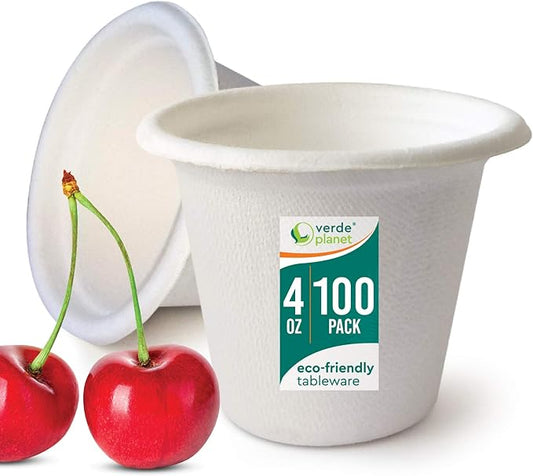 Verde Planet - 4 Oz Bagasse Cups - Biodegradable, Tree Free Sugarcane Fiber, Ecofriendly, Disposable, Sturdy, White Premium Quality Cups. Perfect for Hot and Cold Liquids - 100 Count