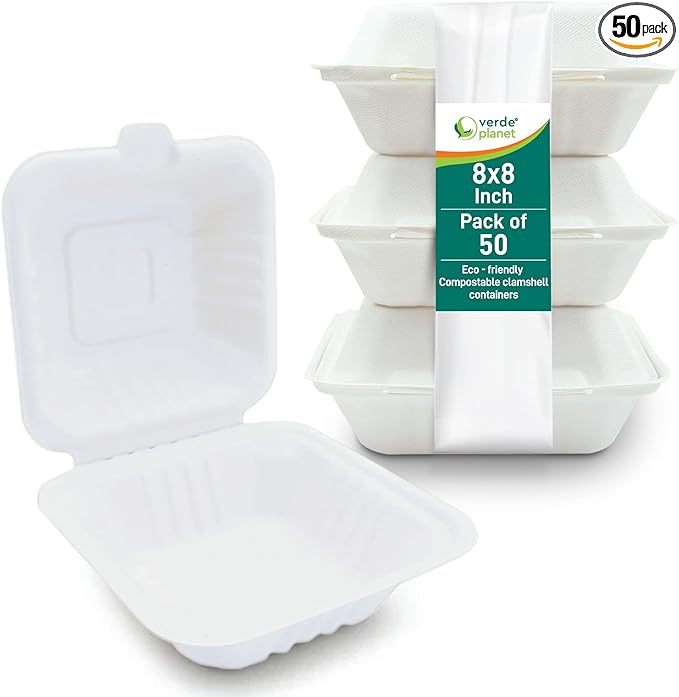 Verde Planet - 8" Clamshell Sugarcane Take-out Container, Compostable | Pack of 50