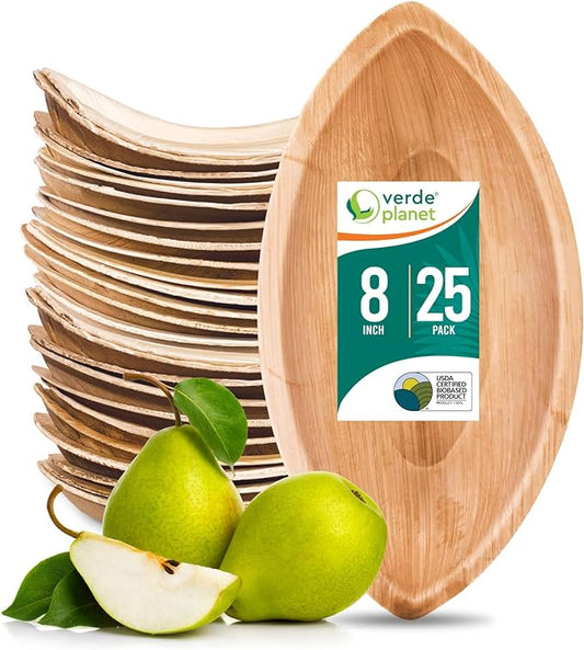 Verde Planet - Disposable Palm Leaf Plates - Stylish Substitutes for Traditional Dinnerware - Ideal Serving Platter for Spring Christmas Thanksgiving Weddings Birthdays Picnics - 8" Boat, Pack of 25