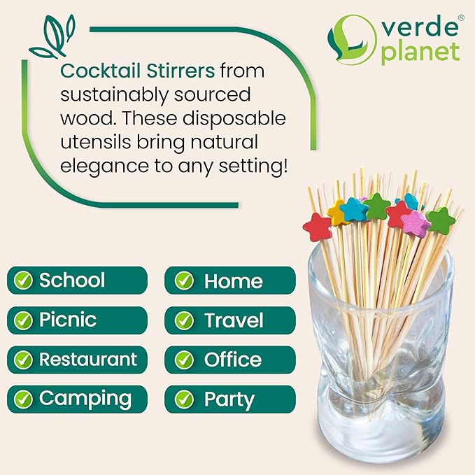 Verde Planet Coctail Stirrers - Biodegradable, Ecofriendly, Premium Quality Bamboo Skewers - 4.7 Inches