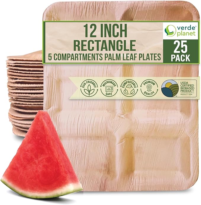 Verde Planet - 12" Rect 5 Compartment Palm Leaf Plate, USDA Certified, Compostable | Pack of 25