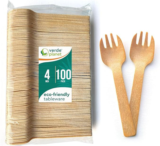 Verde Planet Birchwood Sporks - Disposable Wooden Forks Spoons - All-Natural Wood Utensils - Compostable, Ecofriendly, Quality, Biodegradable Cutlery - 4 Inches, 100 Count