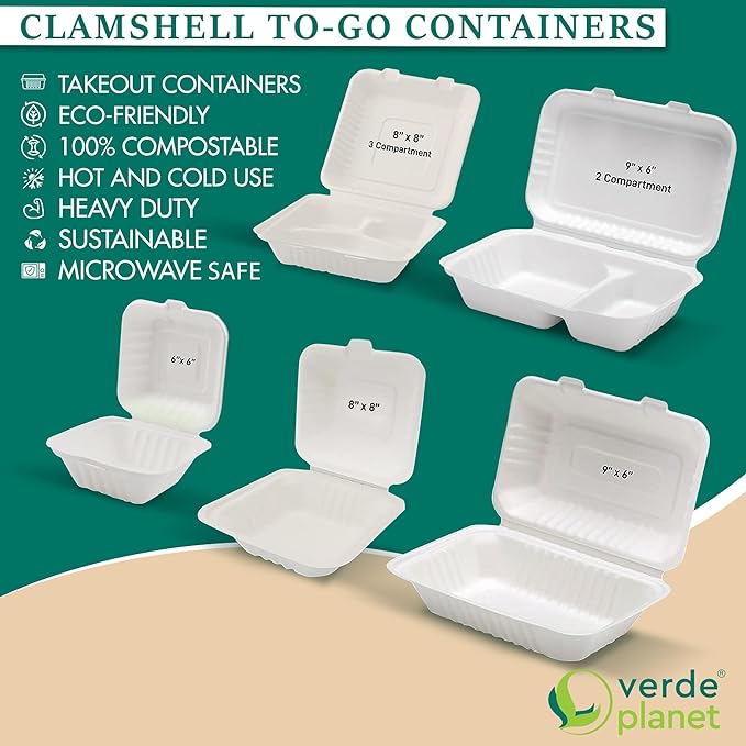 Verde Planet Clamshell Take Out Containers - 100% Natural Bagasse Sugarcane Fiber - Disposable Food Containers with Hinge Lids - Heavy-Duty To Go Boxes for Food - (9" X 6", 2-Compartment, 50-Pack)