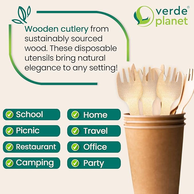 Verde Planet Birchwood Sporks - Disposable Wooden Forks Spoons - All-Natural Wood Utensils - Compostable, Ecofriendly, Quality, Biodegradable Cutlery - 4 Inches, 100 Count