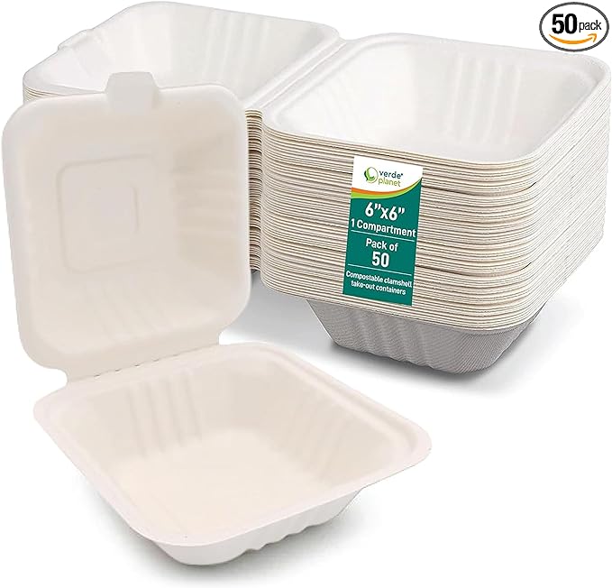 Verde Planet - 6" Clamshell Sugarcane Take-out Container, Compostable | Pack of 50