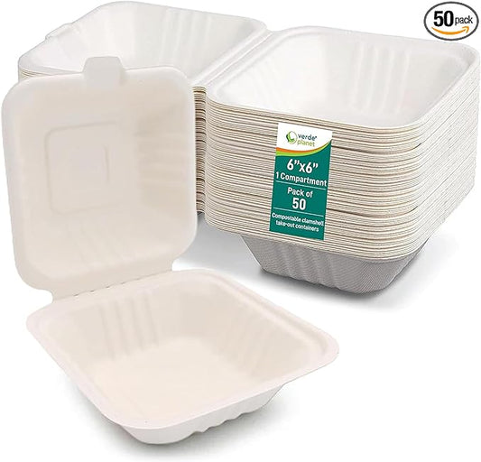 Verde Planet Clamshell Take Out Containers - 100% Natural Bagasse Sugarcane Fiber - Disposable Food Containers with Hinge Lids - Heavy-Duty To Go Boxes for Food - (6" X 6", 1-Compartment, 50-Pack)