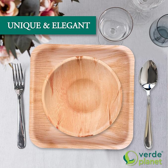 Verde Planet - Disposable Palm Leaf Plates - Stylish Substitute for Traditional Dinnerware - Ideal Serving Platter for Spring Christmas Thanksgiving Weddings Birthdays Picnics - 10" Square, Pack of 25