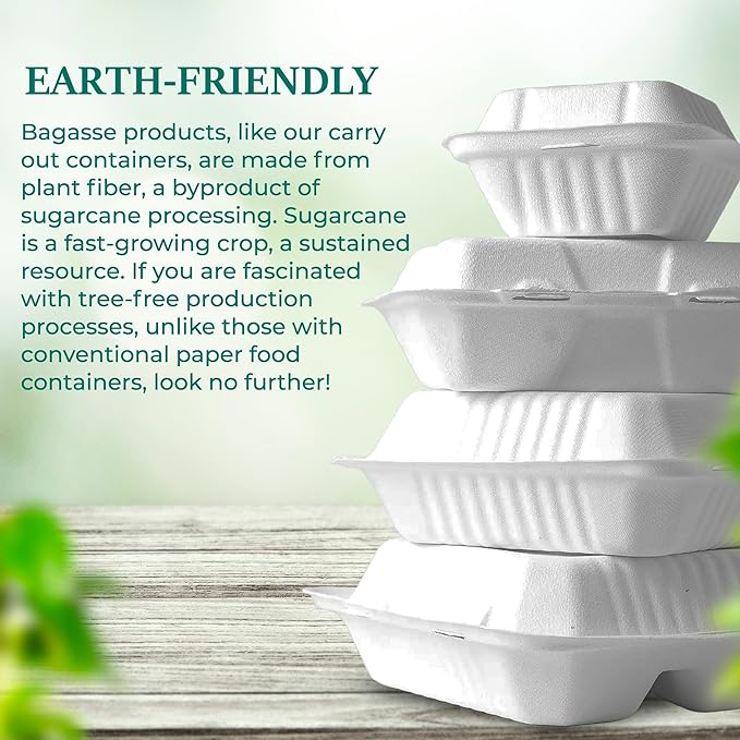 Verde Planet Clamshell Take Out Containers - 100% Natural Bagasse Sugarcane Fiber - Disposable Food Containers with Hinge Lids - Heavy-Duty To Go Boxes for Food - (6" X 6", 1-Compartment, 50-Pack)