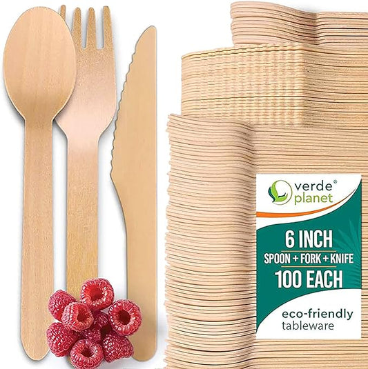 Verde Planet Heavy Duty, Disposable Wooden Flatware Set - All-Natural, Biodegradable, Compostable, Ecofriendly, Premium Quality Utensils - 6 Inches, 300 Count (100 Spoons, 100 Forks, 100 Knives)
