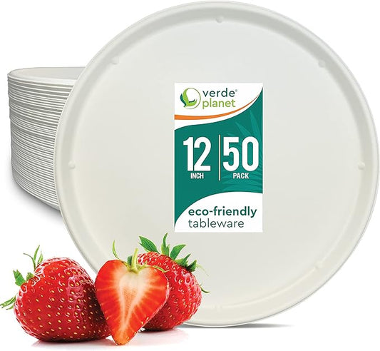 Verde Planet 12 Inch Round Bagasse, Pizza To Go Plates - Tree Free Sugarcane Fiber, Biodegradable Plates - Premium Quality, Heavy Duty, Disposable Plates for All Occasions! - 50 Count