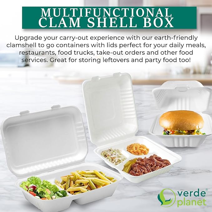 Verde Planet Clamshell Take Out Containers - 100% Natural Bagasse Sugarcane Fiber - Disposable Food Containers with Hinge Lids - Heavy-Duty To Go Boxes for Food - (8" X 8", 3-Compartment, 50-Pack)