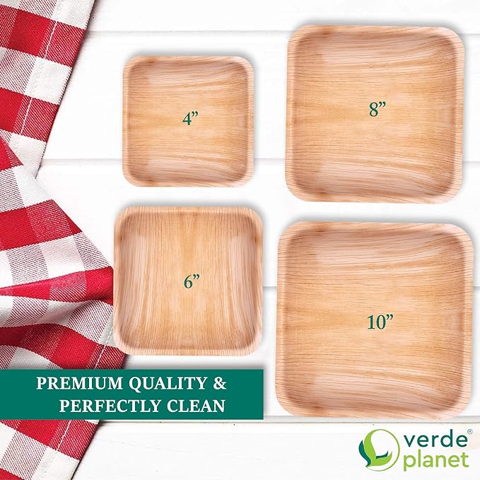 Verde Planet - Disposable Palm Leaf Plates - Stylish Substitutes for Traditional Dinnerware - Ideal Serving Platter for Spring Christmas Thanksgiving Weddings Birthdays Picnics - 4" Square, Pack of 25
