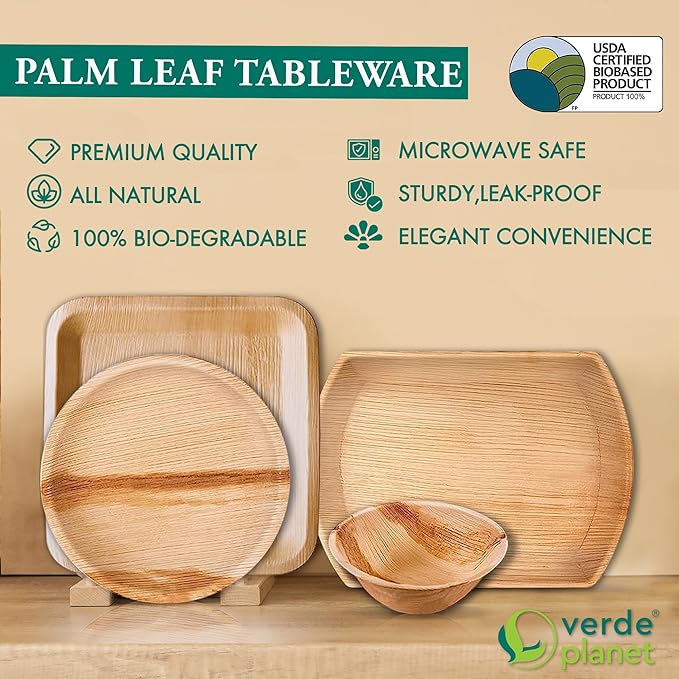 Verde Planet - Disposable Palm Leaf Bowls - Stylish Substitute for Traditional Dinnerware - Serving Platter for Spring Weddings Birthday Camping Catering Events - 5.5" Square, Pack of 25 (Natural Tan)