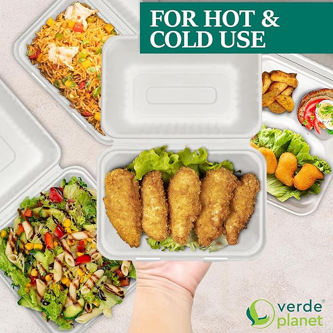 Verde Planet Clamshell Take Out Containers - 100% Natural Bagasse Sugarcane Fiber - Disposable Food Containers with Hinge Lids - Heavy-Duty To Go Boxes for Food - (9" X 6", 2-Compartment, 50-Pack)