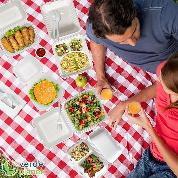 Verde Planet - 9"x6" Clamshell Sugarcane Take-out Container, Compostable | Pack of 50