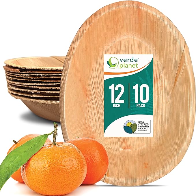 Verde Planet - 12" Oval Palm Leaf Bowl, USDA Certified, Compostable | Pack of 10