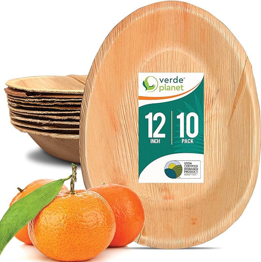 Verde Planet - Disposable Palm Leaf Bowls - Stylish Substitute for Traditional Platter - Ideal Charcuterie Board Serving Tray for Spring Christmas Thanksgiving Wedding - 12" Oval, 10-pack(Natural Tan)