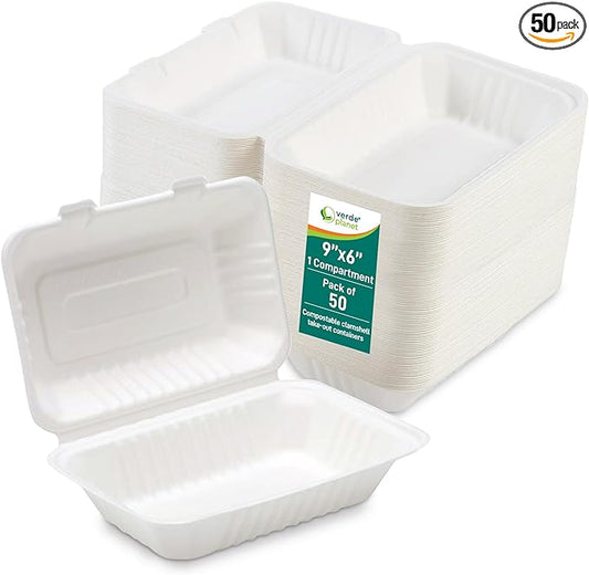 Verde Planet Clamshell Take Out Containers - 100% Natural Bagasse Sugarcane Fiber - Disposable Food Containers with Hinge Lids - Heavy-Duty To Go Boxes for Food - (9" X 6", 1-Compartment, 50-Pack)