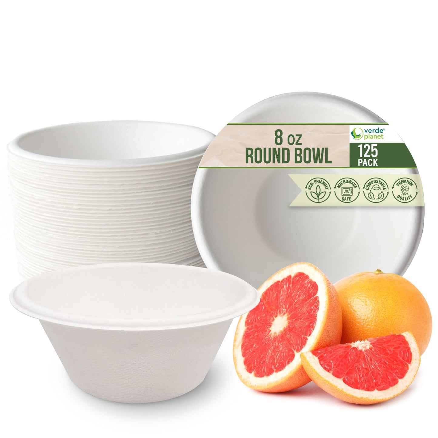 Verde Planet - 8 oz Round Sugarcane Bagasse Bowl, Compostable | Pack of 125