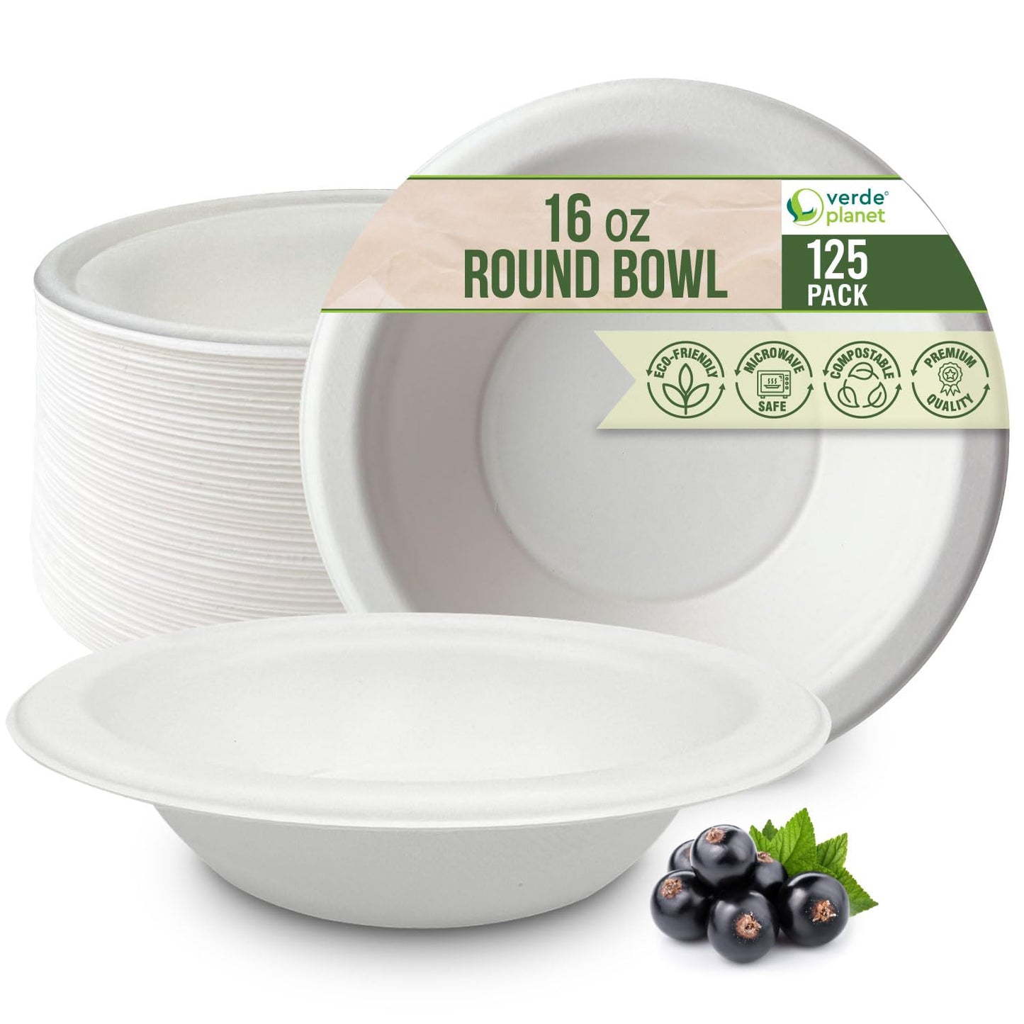 Verde Planet - 16 oz Round Sugarcane Bagasse Bowl, Compostable | Pack of 125