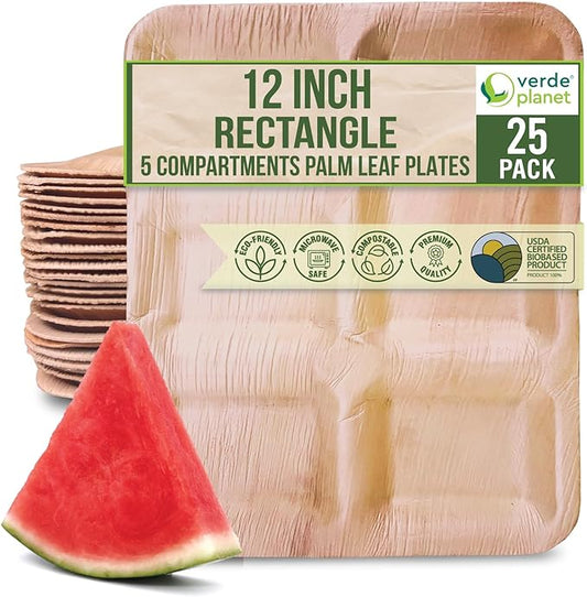Verde Planet - 12" Rect 5 Compartment Palm Leaf Plate, USDA Certified, Compostable | Pack of 25