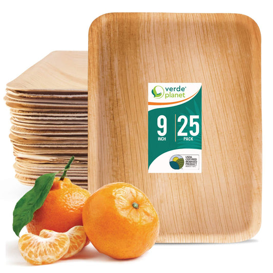 Verde Planet - 9" Rect Flat Palm Leaf Tray, USDA Certified, Compostable | Pack of 25