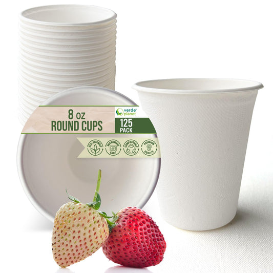 Verde Planet - 8 Oz Sugarcane Bagasse Cups, Compostable | Pack of 100