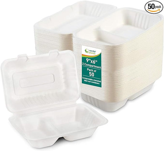 Verde Planet Clamshell Take Out Containers - 100% Natural Bagasse Sugarcane Fiber - Disposable Food Containers with Hinge Lids - Heavy-Duty To Go Boxes for Food - (9" X 6", 2-Compartment, 50-Pack)