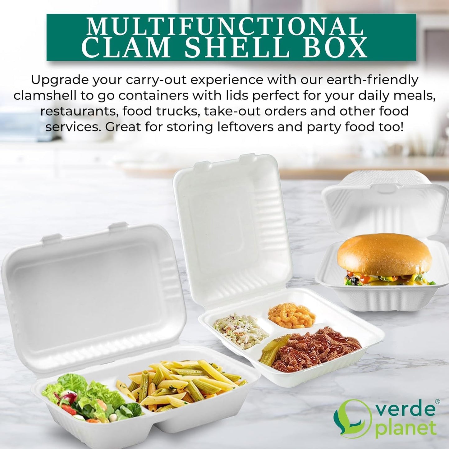 Verde Planet - 10" 3 Compartment Clamshell Sugarcane Take-out Container, Compostable | Pack of 50