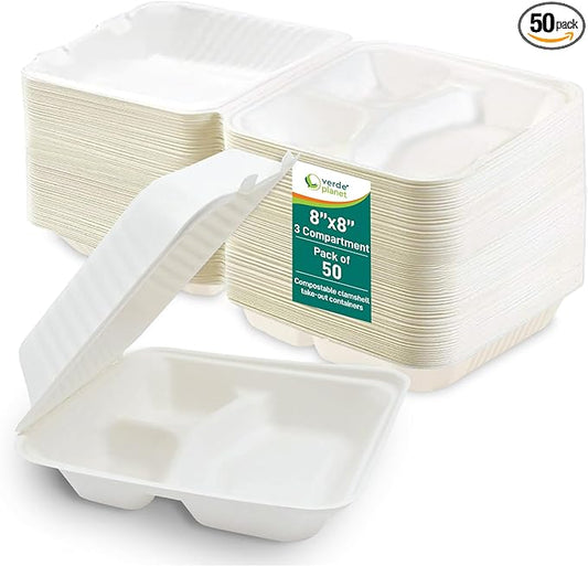 Verde Planet Clamshell Take Out Containers - 100% Natural Bagasse Sugarcane Fiber - Disposable Food Containers with Hinge Lids - Heavy-Duty To Go Boxes for Food - (8" X 8", 3-Compartment, 50-Pack)