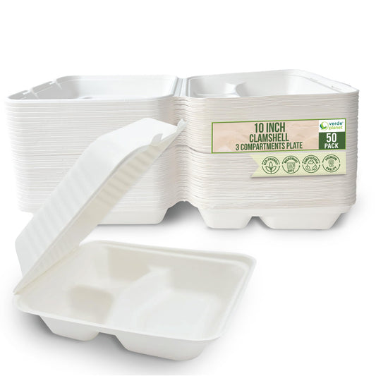 Verde Planet - 10" 3 Compartment Clamshell Sugarcane Take-out Container, Compostable | Pack of 50