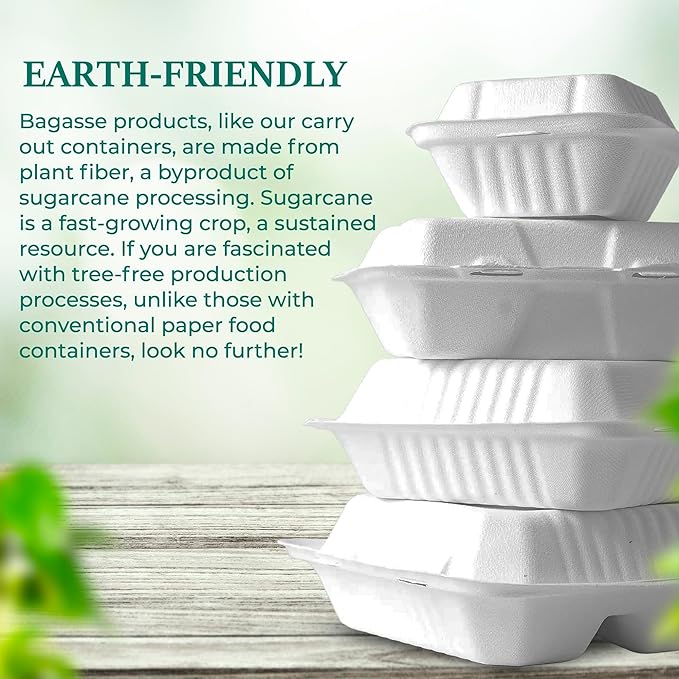 Verde Planet - 8" Clamshell Sugarcane Take-out Container, Compostable | Pack of 50