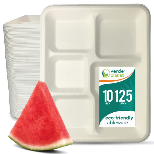 Verde Planet - 10.5" Rect 5 Compartment Sugarcane Bagasse Plate, Compostable | Pack of 125