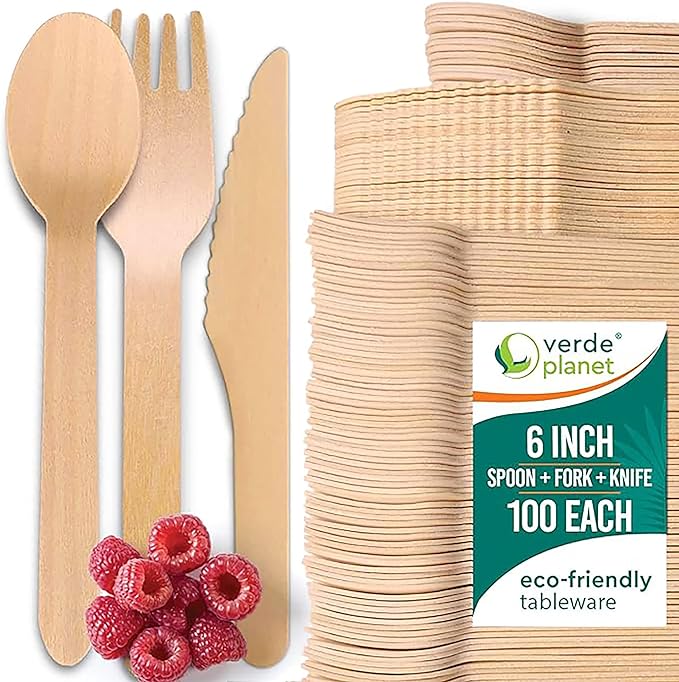 Verde Planet - 6" Birchwood Flatware Set, Compostable | 300 Count (100 Spoons, 100 Forks, 100 Knives)