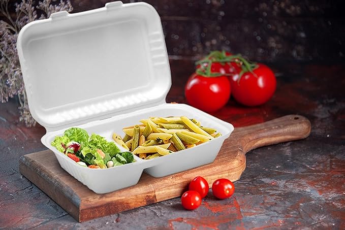 Verde Planet - 9"x6" - 2 Compartment Clamshell Sugarcane Take-out Container, Compostable | Case of 250