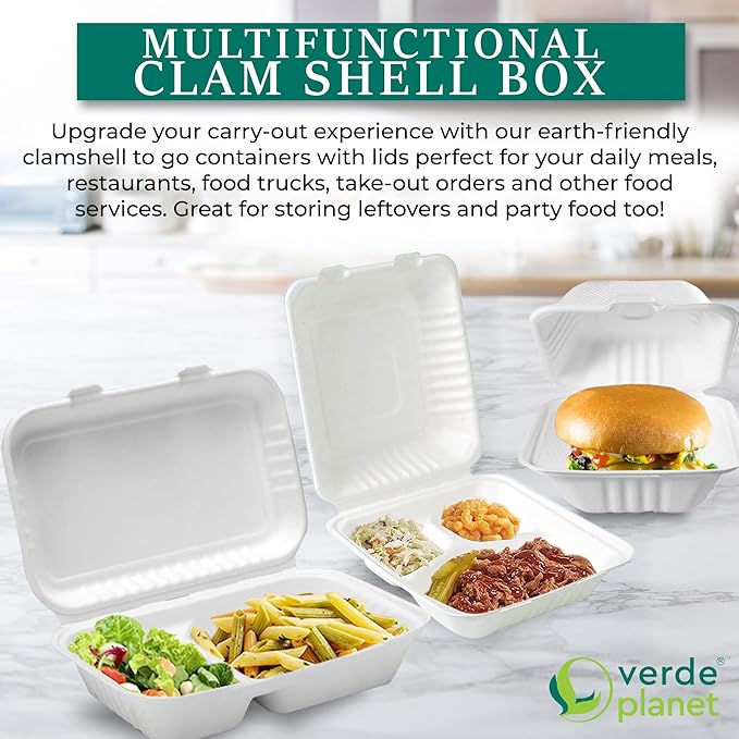 Verde Planet - 8" Clamshell Sugarcane Take-out Container, Compostable | Pack of 50