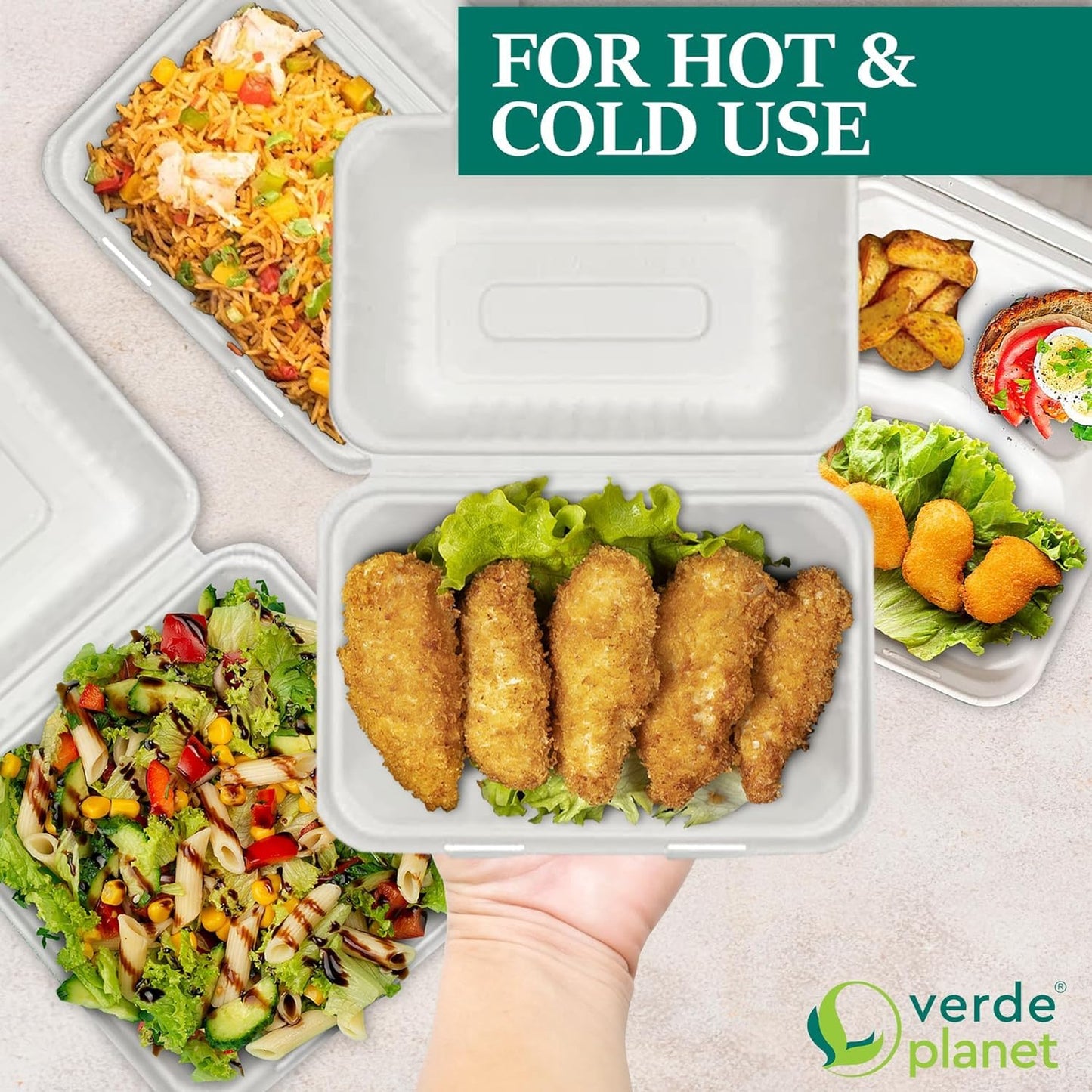 Verde Planet - 10" 3 Compartment Clamshell Sugarcane Take-out Container, Compostable | Pack of 50
