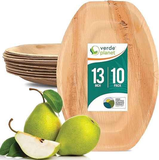 Verde Planet - 13" Oval Palm Leaf Tray, USDA Certified, Compostable | Pack of 10