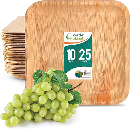 Verde Planet - Disposable Palm Leaf Plates - Stylish Substitute for Traditional Dinnerware - Ideal Serving Platter for Spring Christmas Thanksgiving Weddings Birthdays Picnics - 10" Square, Pack of 25