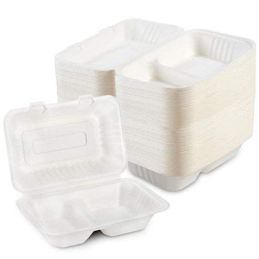 Verde Planet - 9"x6" - 2 Compartment Clamshell Sugarcane Take-out Container, Compostable | Case of 250